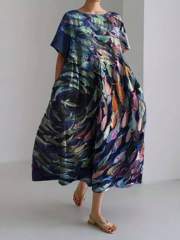 Summer Retro Japanese Womens Casual Short-sleeved Extra-long Fish Print Loose Round Neck High Waist Wide Hem Dress dongdumaoyi