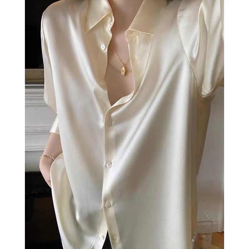 2025 autumn new French satin silk long sleeved casual solid color shirt high-end women's shirt