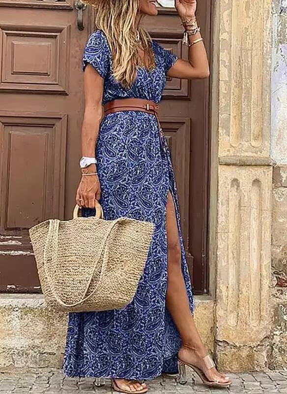 2024 Independent Station Hot Sale WISH Fashionable Bohemian Style V-Neck Floral Dress European And American Market Trend dongdumaoyi