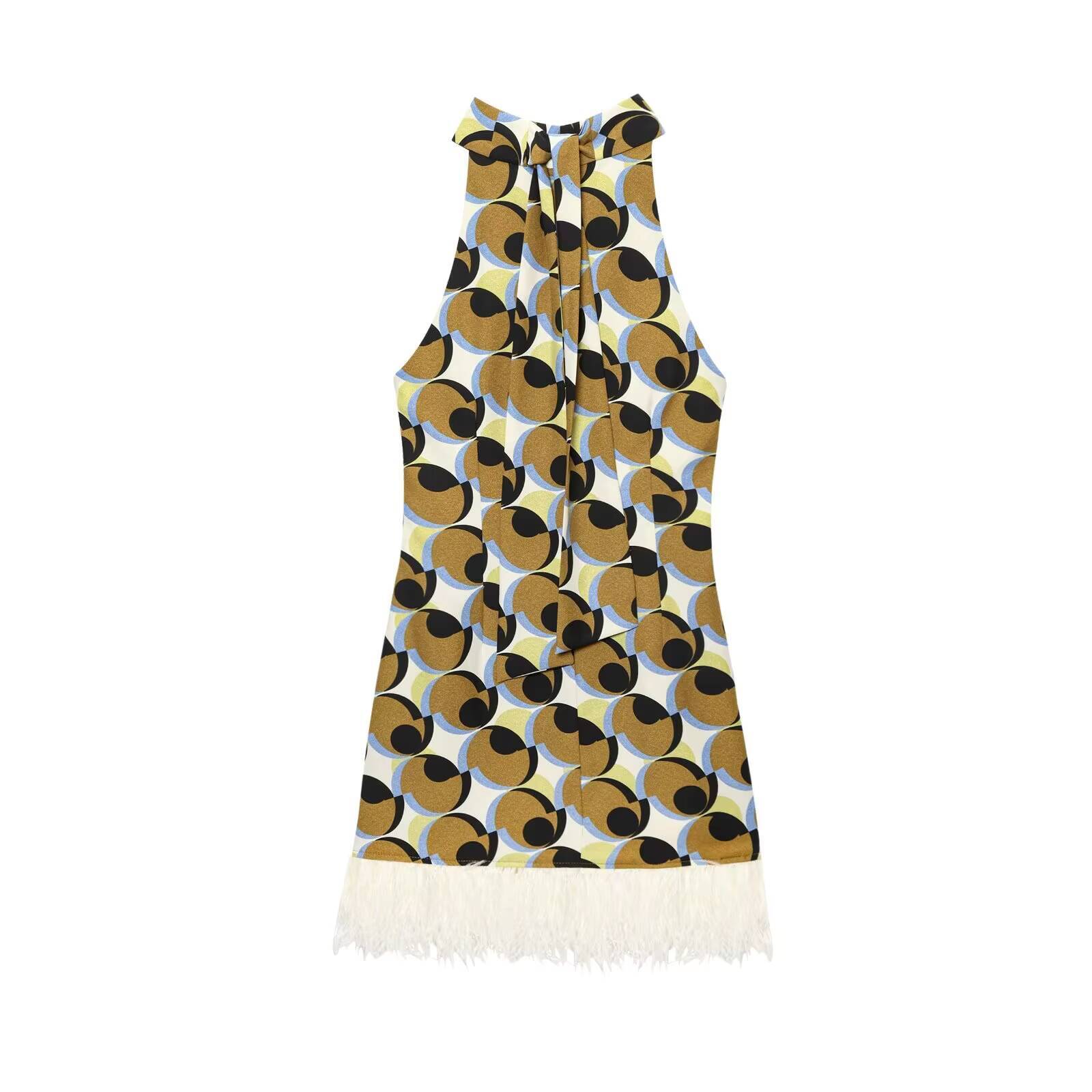 European and American style 2025 summer new geometric print temperament slim dress dongdumaoyi