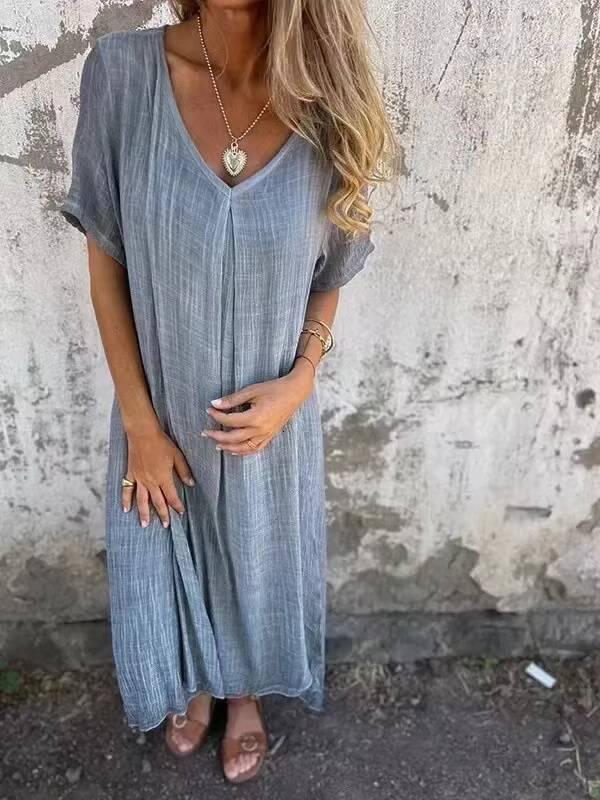 Sexy V Neck Loose Cotton Linen Dress Summer Women Short Sleeve Solid Color Maxi Long Homewear Oversized Dresses YSYYFS-YS24188 dongdumaoyi