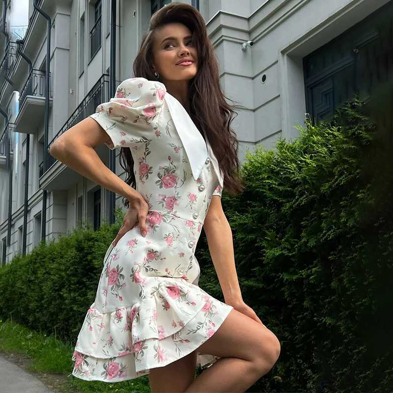 Turnova Print Puff Sleeves Ruffled Dress Womens V-Neck High Waist Pearl Buttons Mini Dress Female Casual Vacation Fashion Dress R250716
