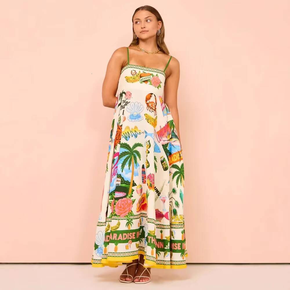 Sexy Off-Shoulder Graffiti Cotton Linen Print Maxi Dress Womens New Hot Sale Of The Season Sleeveless Loose Fit Gown for Women dongdumaoyi
