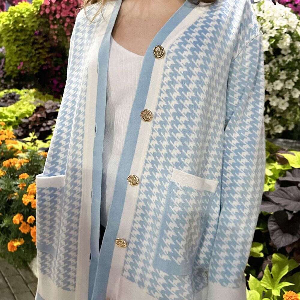 Houndstooth Autumn Winter New Elegant Women's French Loose Sweater Cardigan B5