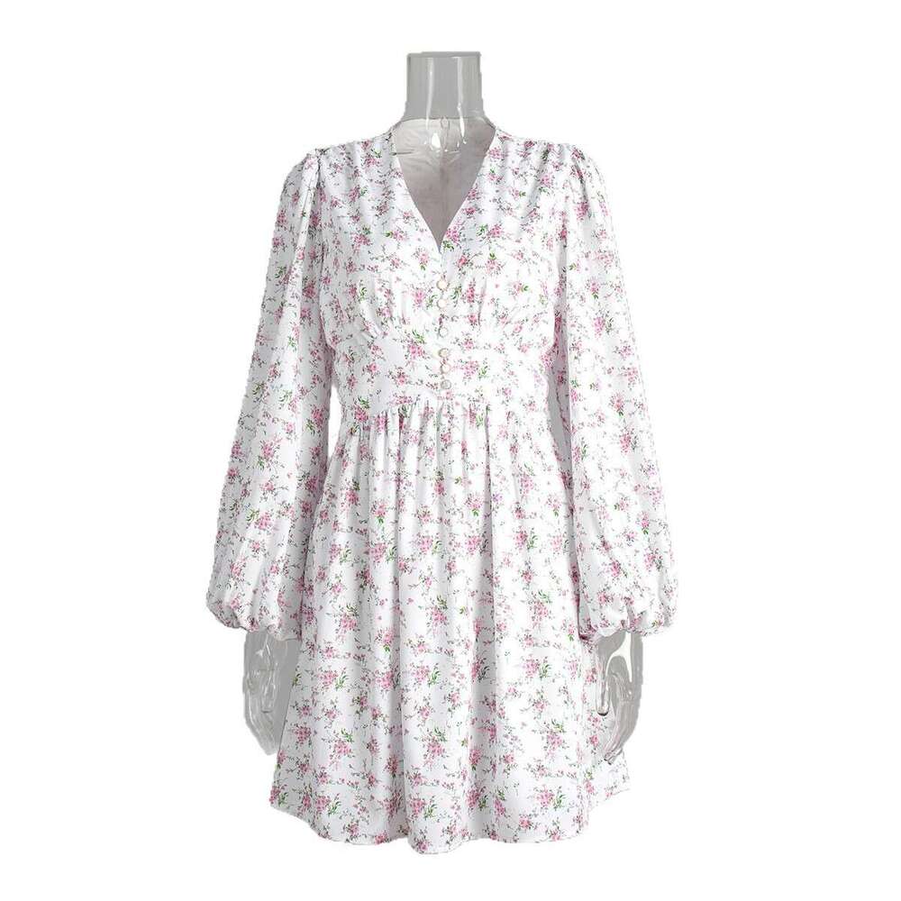 Printed Spring Summer New Lantern V Waist Short Long Sleeve Dress B5