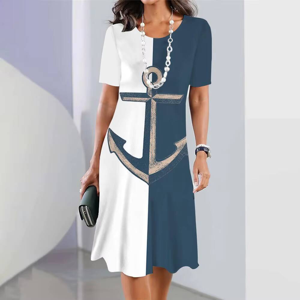 2024 New Womens Anchor Print Vacation Midi Female Elegant Dresses Summer Short Sleeve Dress Fashion Oversized dongdumaoyi
