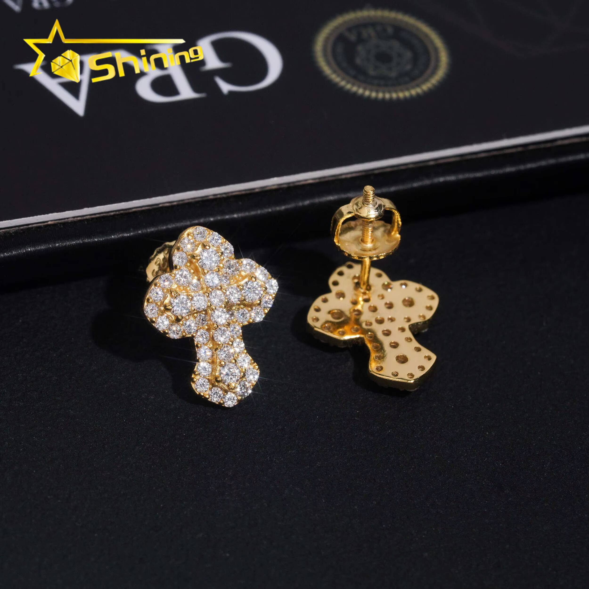 Fast Shipping Hip Hop Jewelry 925 Sterling Silver Gold Plated VVS Diamond Iced Out VVS Moissanite Cross Stud Earrings