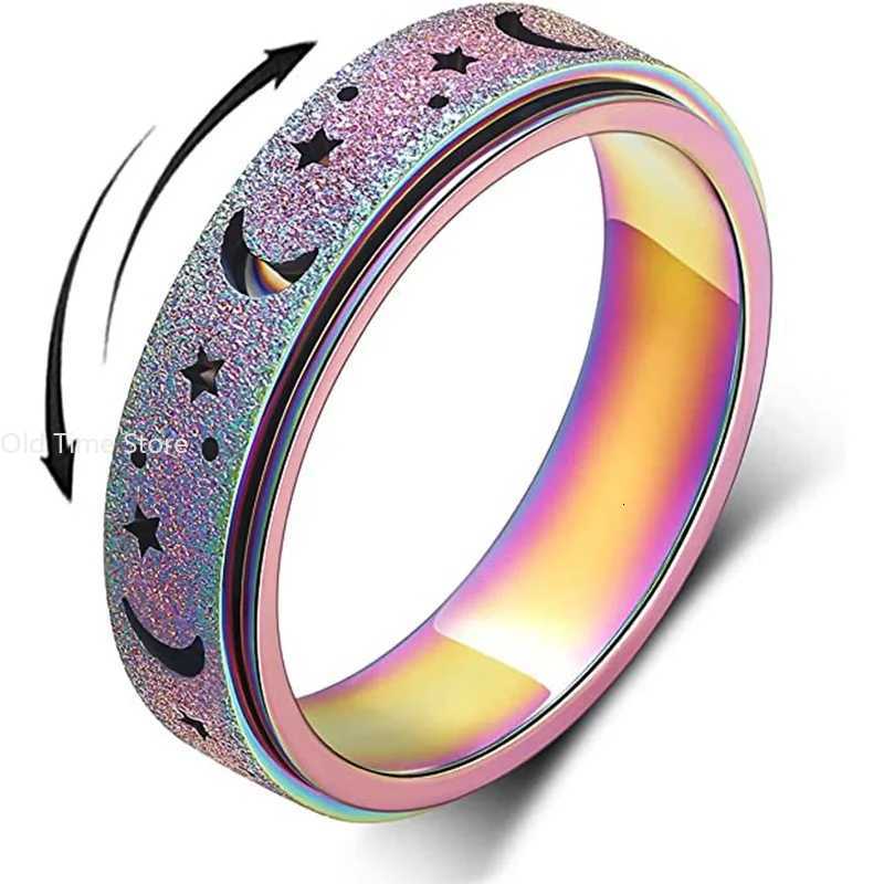 Stainless Steel Ring Fashion Simple Hollow Frosted Star Moon Ring Rotatable Decompression Ring S250716