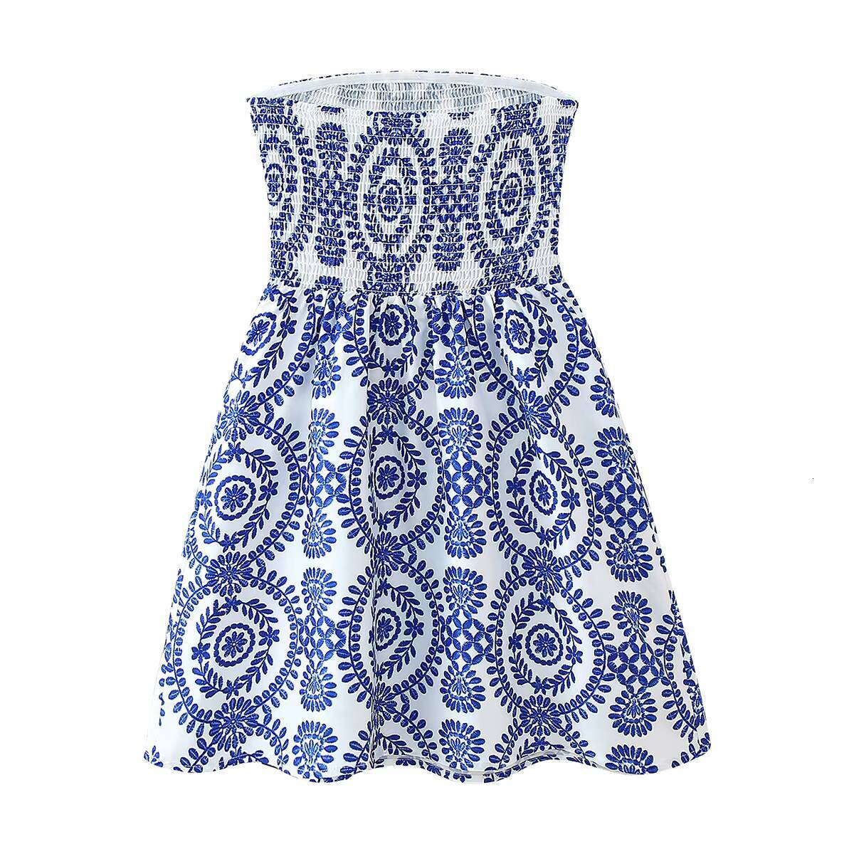 Women Dress Stylish Floral Prints Shirred Bust Fit and Flare Above Knee Vacation New Dresses Strapless Clothing dongdumaoyi