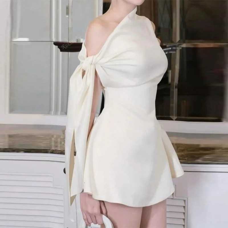 Sexy Sleeveless One Shoulder Mini Dress Lace Up Slimming High Waist Solid Mini Dresses Summer New Elegant Lady Party Clothing R250716