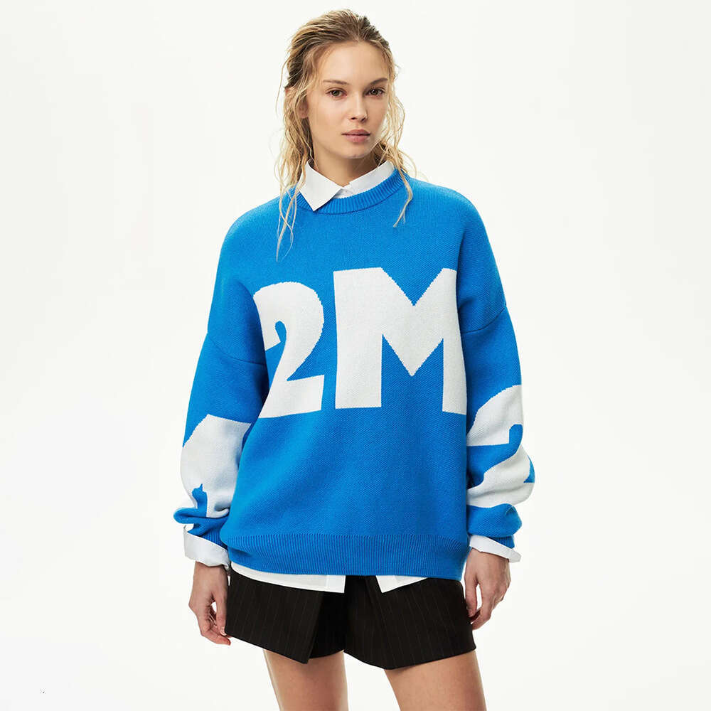 Autumn Winter Knitted Fashion Versatile Color Block Elegant Round Neck Loose Letter Sweater B5