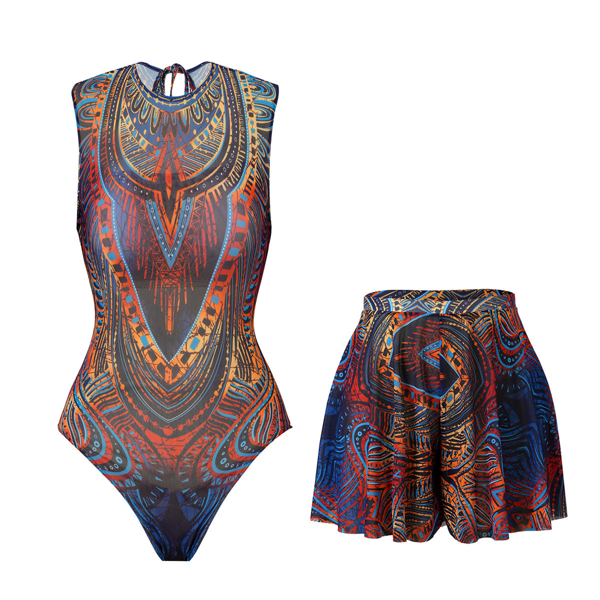 Print set Swimsuit Push Up Swimwear Women Vintage Retro Bathing Suits Bodysuit Beach Wear Backless Monokini 250109