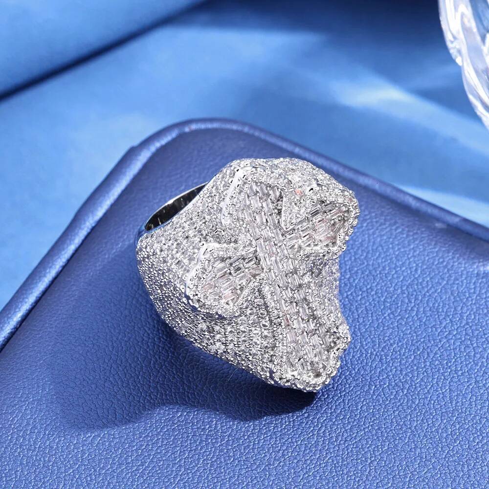 Hip Hop Style Iced Out Diamond Cuban Mens Ring Sparkling 18k Gold-Plated and T-shaped Diamond Cross Ring Holiday Gift