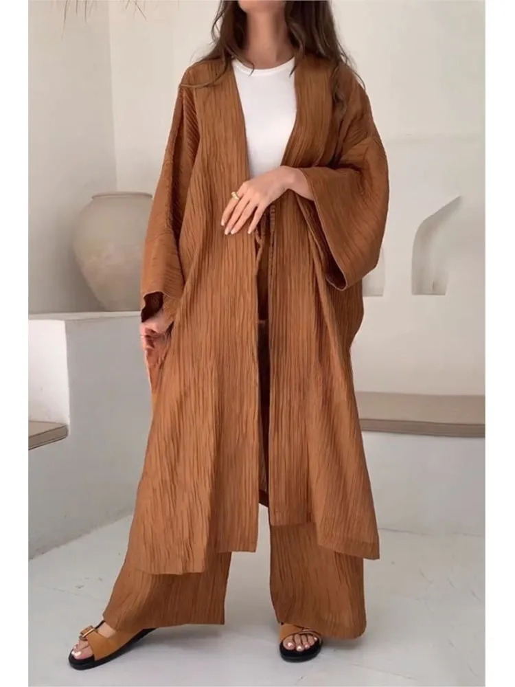 Solid Color Folds Pants Sets Women Loose Long Cardigan Wide Legs Trousers Two Piece Set Fashion Casual Lady Commuting Suits 250715