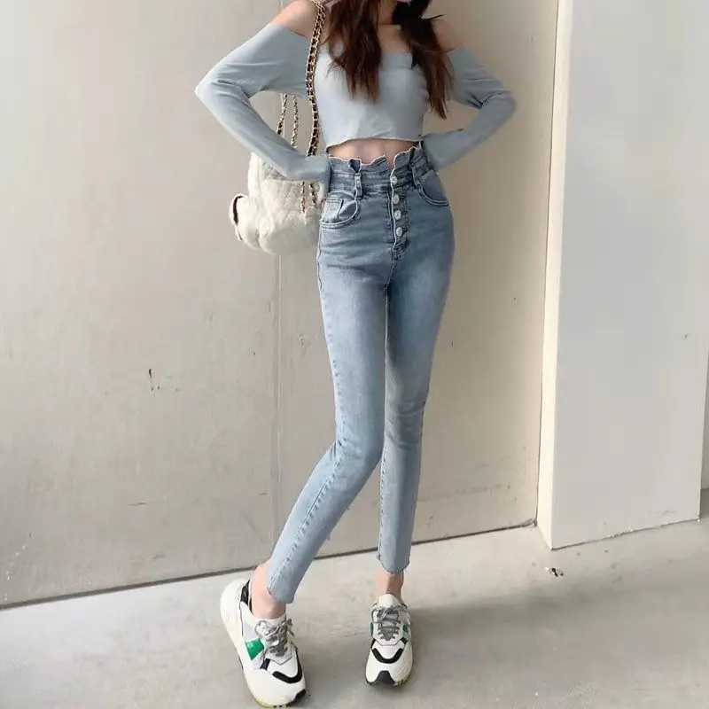 Rhinestone Buttons Woman Pencil Jeans Fashion Fitted Denim Ankle Pants for Women Spring Autumn High Waist Slim Fit Trousers R250716