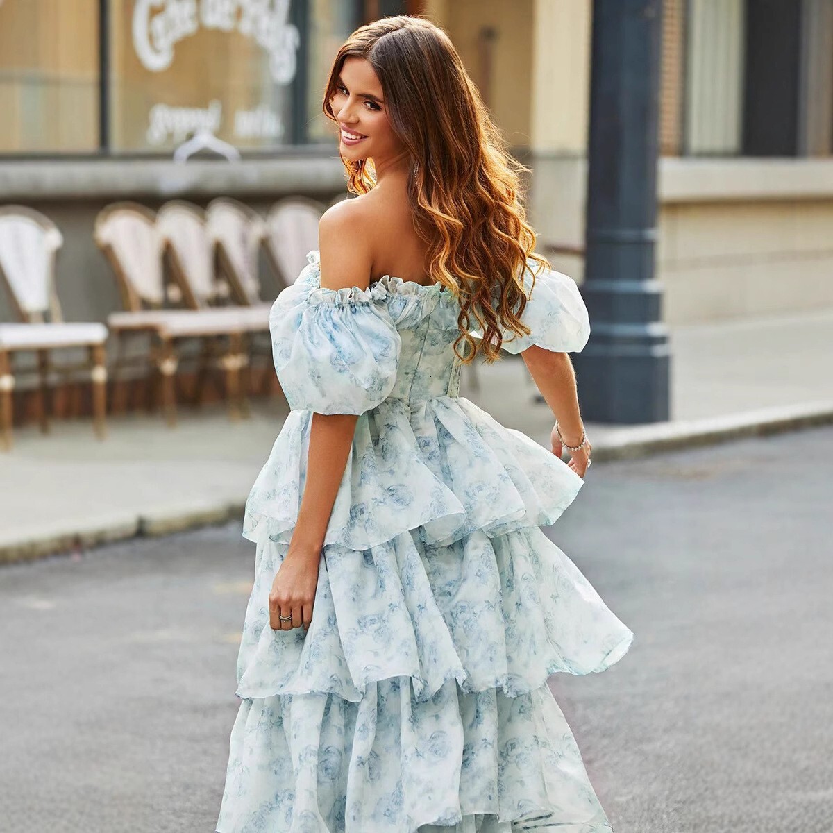 2025 Pastoral Style Sweet Cake Dress European and American Puff Sleeve Short Tie Waist Solid Color Floral Fairy Long