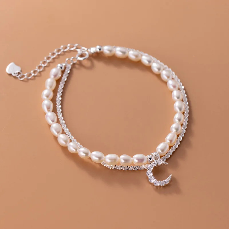 TrustDavis 925 Sterling Silver Double Layer Freshwater Pearl Moon Chain Bracelet for Women Valentines Day Jewelry DA2493 250712
