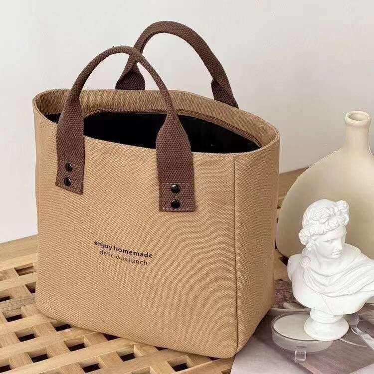 New Canvas Solid Tote Japanese Style Office Worker Simple Lunch Box Color Block Shoulder Bag