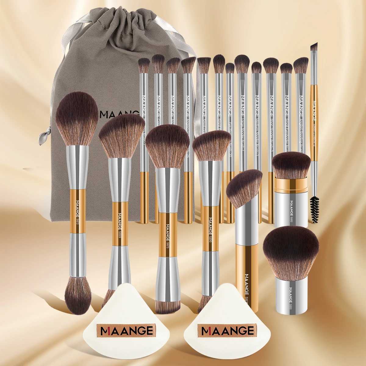 23-piece Makeup Tool Kit 20 Brushes Liquid Cream Blending Concealer Eyeshadow Brushes with 2 Powder Puffs Storage Bag XJ2500716