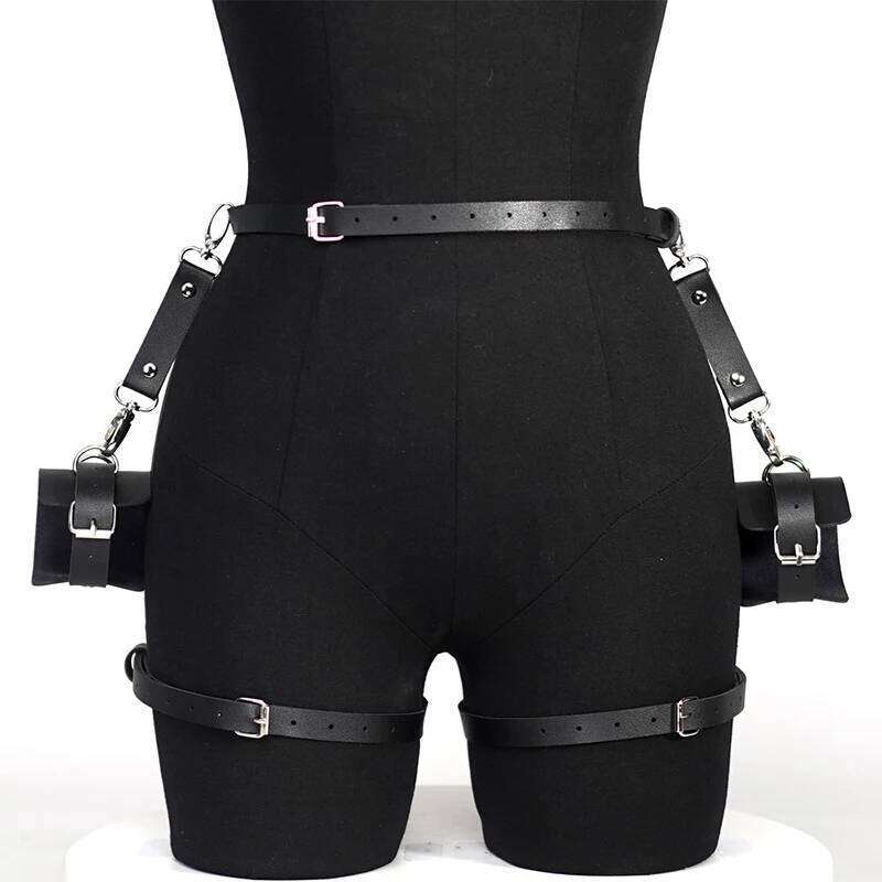 Bdsm Leather Garter Belt Lingerie Gothic Rave Costume Adult Bandage Lencerias PU Leg Loops Plus Size Underwear With Handcuffs