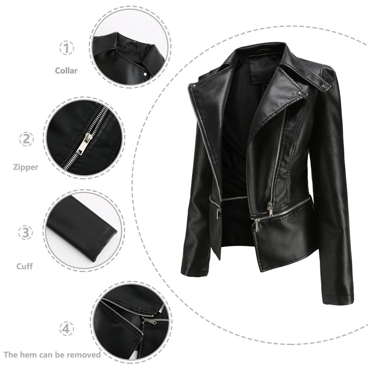 2025 Spring Autumn Leather Jacket Female Detachable Hem Lapel Zipper Casual Coats Women's Locomotive Windbreaker