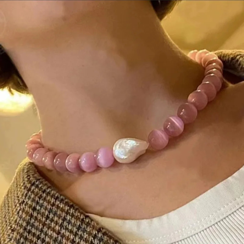 Pink stone beaded necklaces for women big baroque necklace summer holiday beach jewelry cute 2000s aesthetic jewelry 250712