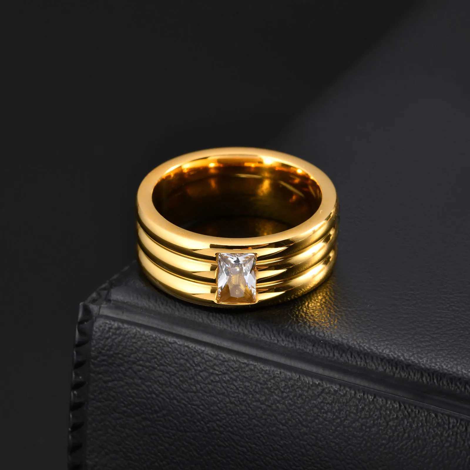 Vnox Three-layer Rectangular White Zircon Golden Ring Stainless Steel Engagement Rings for Men Women Thick Band Anniversary Gift S250716