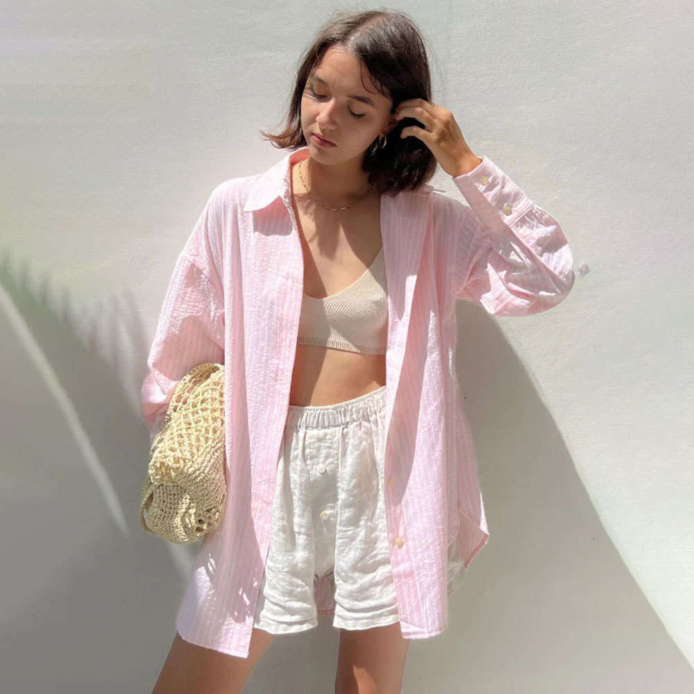Spring Summer New Casual Loose Candy Macaron Color Mid-Length Striped Shirt B5