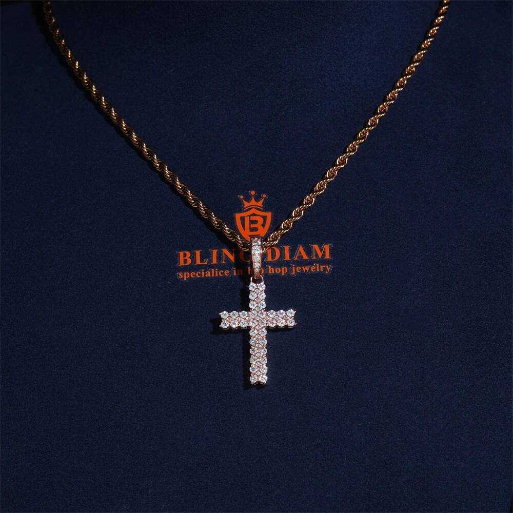 Double Row Moissanite Cross Pendant 925 Silver Hip Hop Jewelry Suitable for 4mm Tennis Chain