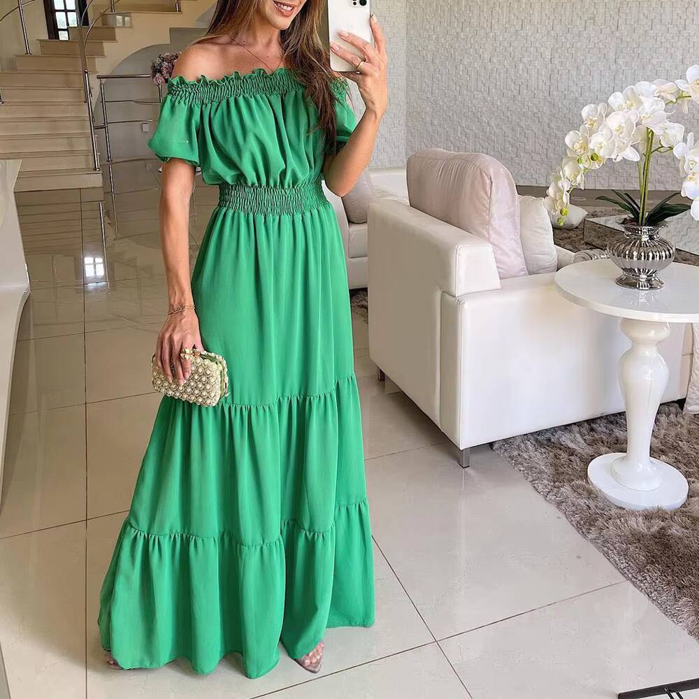 Sexy Slash Neck Short Sleeve Pleated Maxi Long Dress Summer Female Boho Red Loose Vestidos TCFS-1175 dongdumaoyi