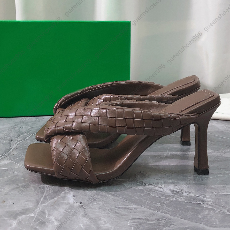 Top Quality Brand Knitted Leather Sandals 35-43 Women 9CM High Heels Luxury Designer Slippers Casual Cat Heels Back Air Beach Party Shoes