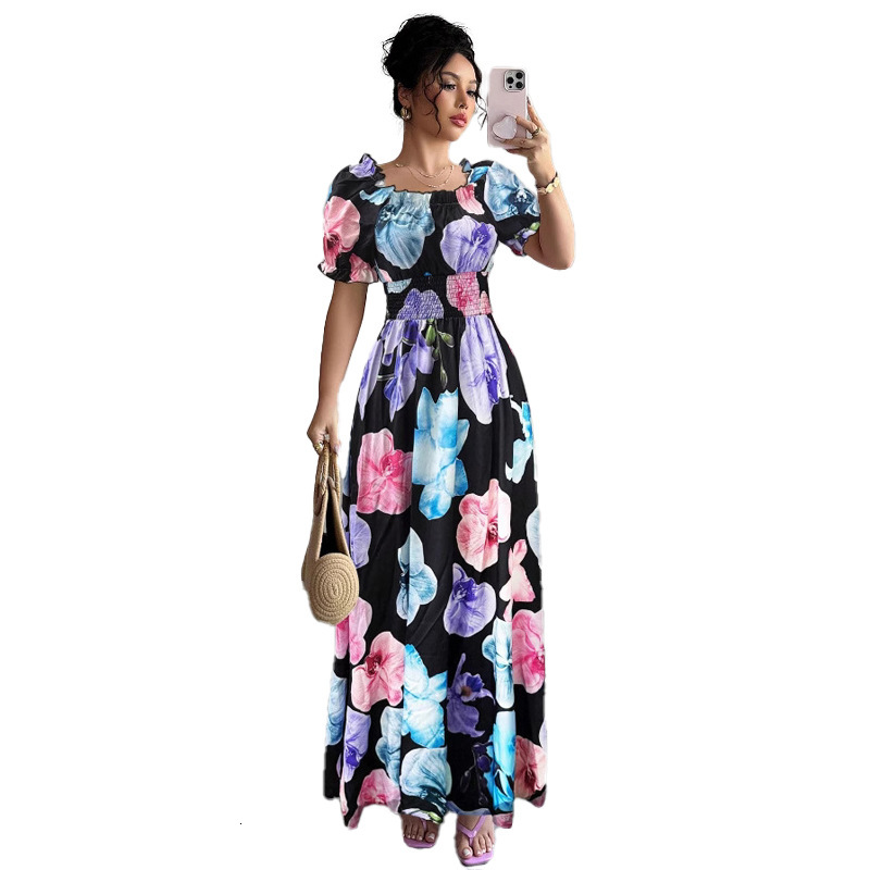 2025 Summer Amazon European and American New Style Puff Sleeve High Waist Cinched Printed Women's Flared Strap Dress