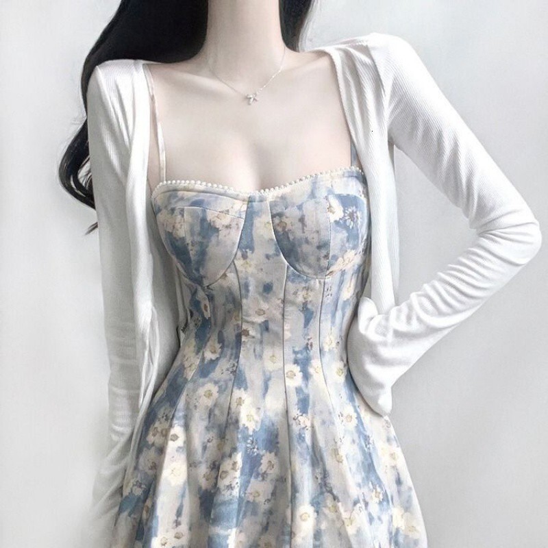 2025 2024 Summer New French Style Blue Oil Painting Design Fairy Floral Strap Dress for Women Gentle Waist-Cinching Long