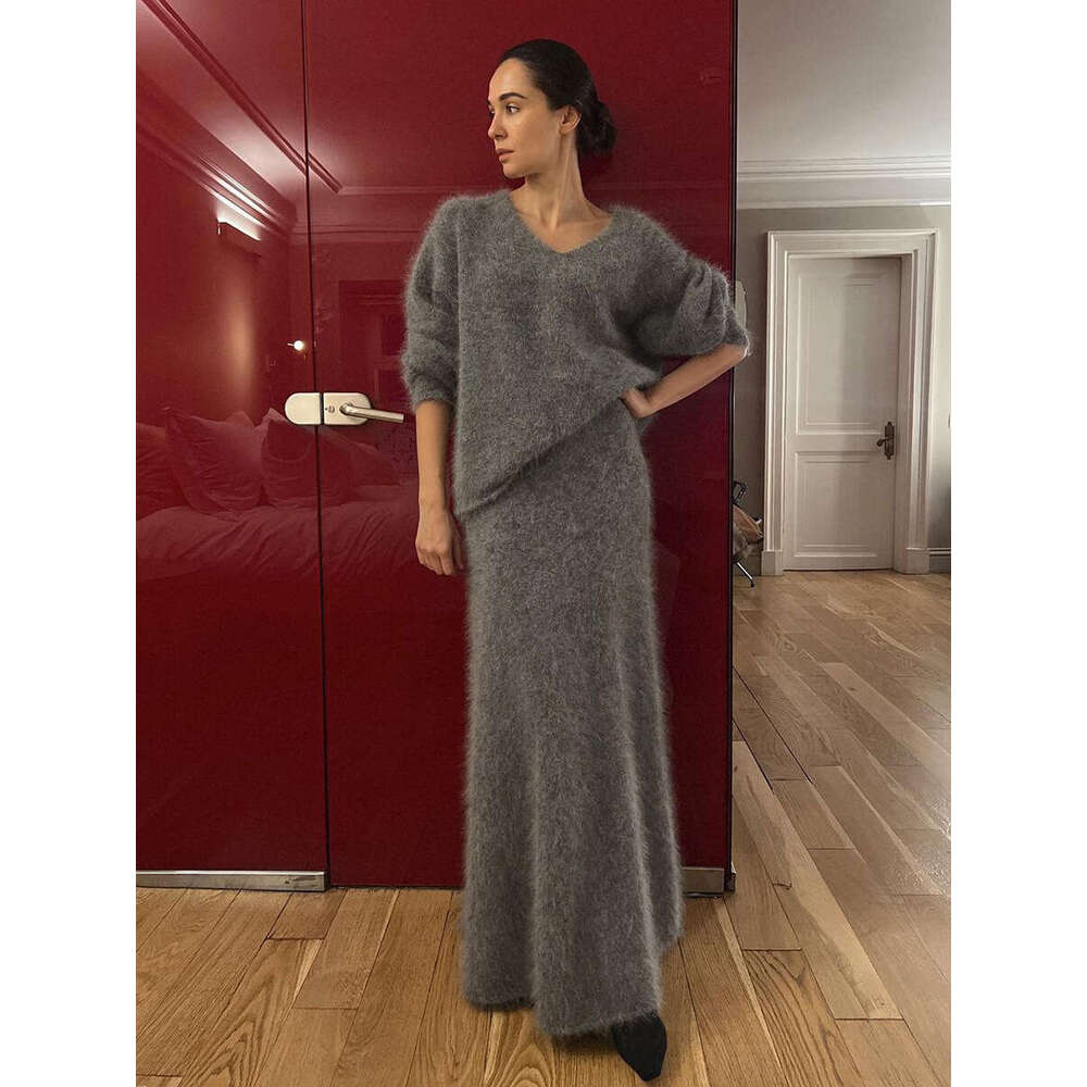 Faux Mink Knit Autumn Winter New Lazy V-Neck Sweater Fishtail Skirt Set B5
