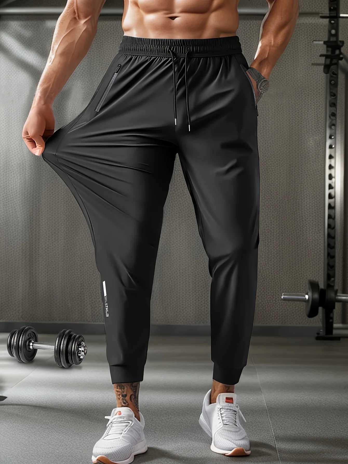Mens Waist Drawstring Quick-drying High Elasticity Solid Color Sports Training Outdoor Long Pants With Zipper Pockets y250716