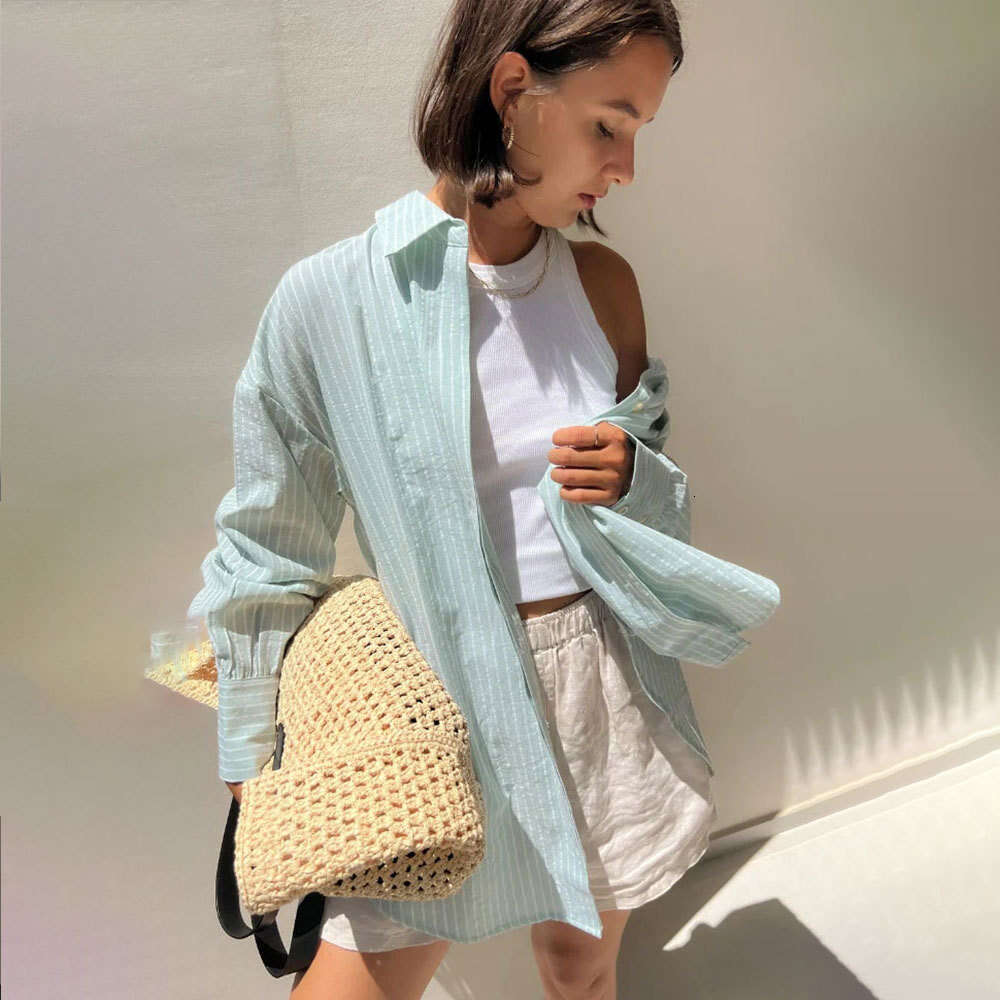 Spring Summer New Casual Loose Candy Macaron Color Mid-Length Striped Shirt B5