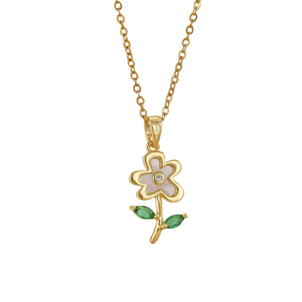 Fashion Green Leaf Shell Flower Light Elegant Full Dia Necklace For Women Versatile Collarbone Titanium Steel Chain Eae