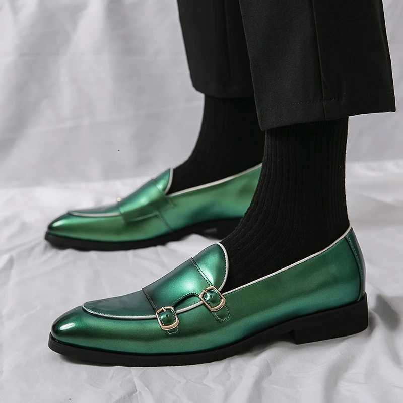 British Trendy Mens Pointed Toe Purple Green Monk Strap Patent Leather Shoes Trendsetter Wedding Dress Prom Formal Footwear Y250715