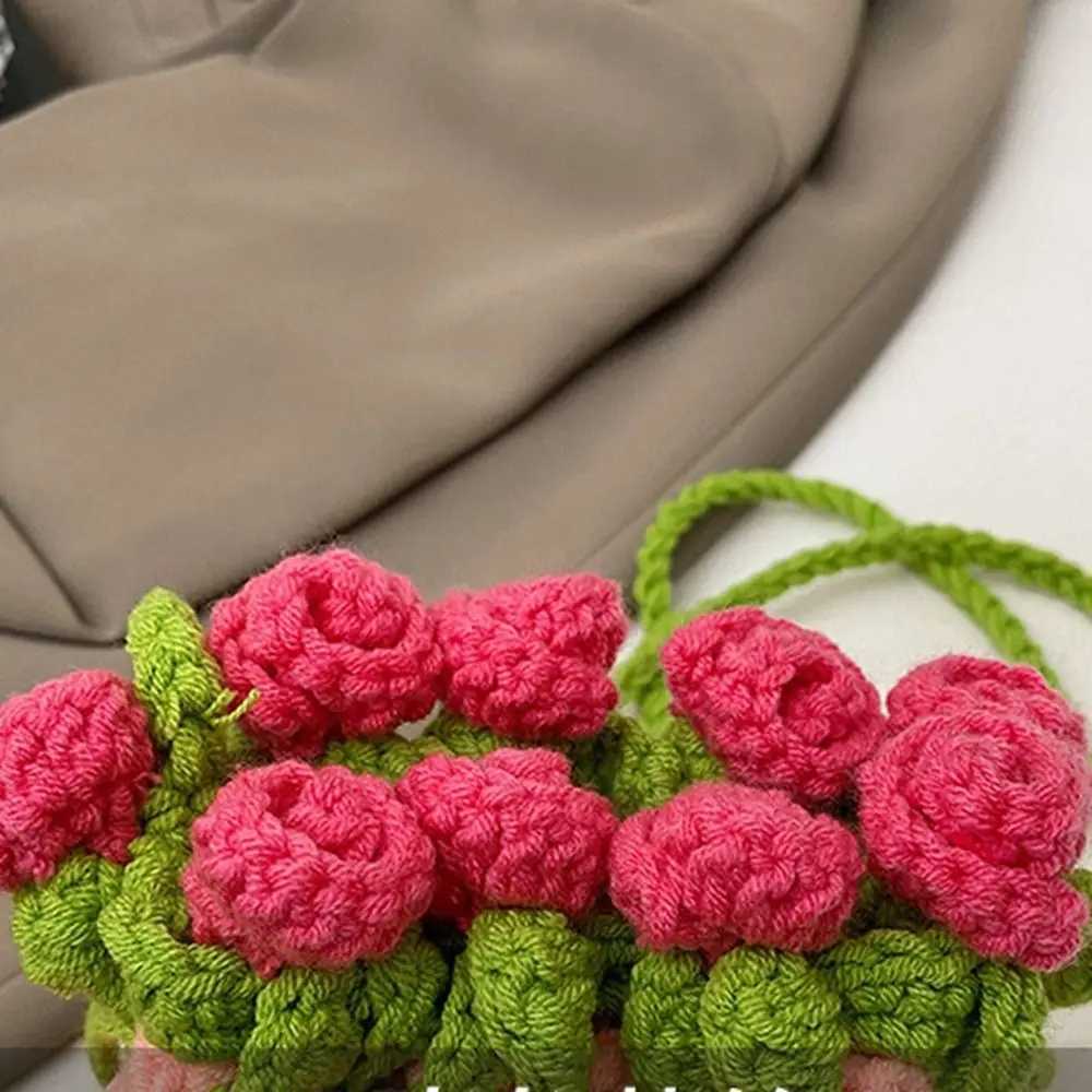 Bohemian Rose Bouquet Weave Bag Cotton Rope Flower Shoulder Bag Storage Bag Large Capacity Rose Beach Bucket Bag Beach