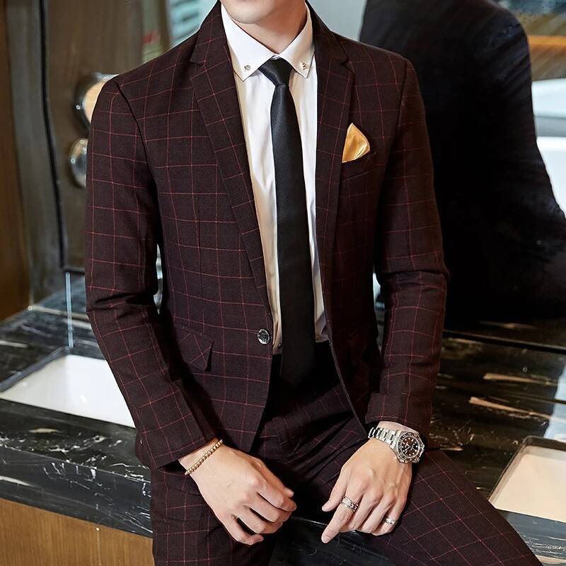 Men's Casual One-Button Plaid Suit Two-Piece Set Business No-Ironing Best Man M-5Xl 2025 Fashion Comfortable Fit