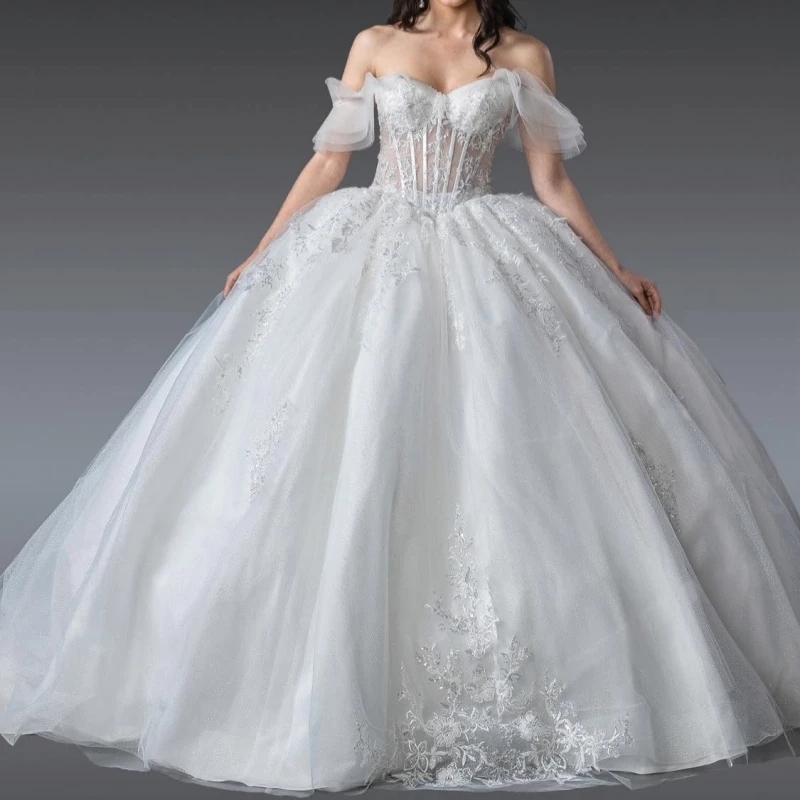 White Quinceanera Dresses Ball Gown Off The Shoulder Applique Lace Beads Tull Party Birthday Sweet 16 Dress Vestidos 15 De Anos