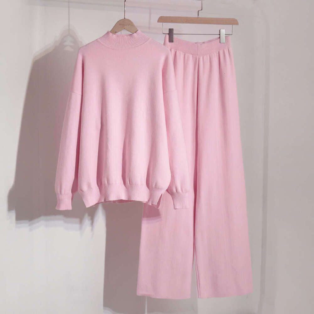 Solid Color Knitted High Neck Slit Women's Fashion Casual Lazy Sweater Set For Autumn And Winter B5