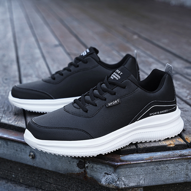 Men's Outdoor Leather Running Shoes - Black Casual Sporty Trainers 4 75be5