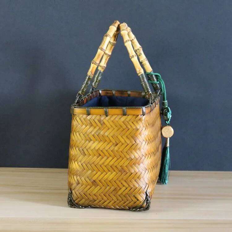 SUNNY BEACH Square Chinese Traditional Natural Bamboo Handle Rattan Bag Straw Women Summer Handmade Woven Bohemia Tote Handbag