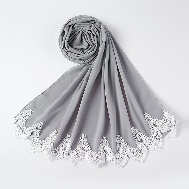 T1224 New Pearl Chiffon Headscarf Malaysia Fashion Splicing Lace Scarf