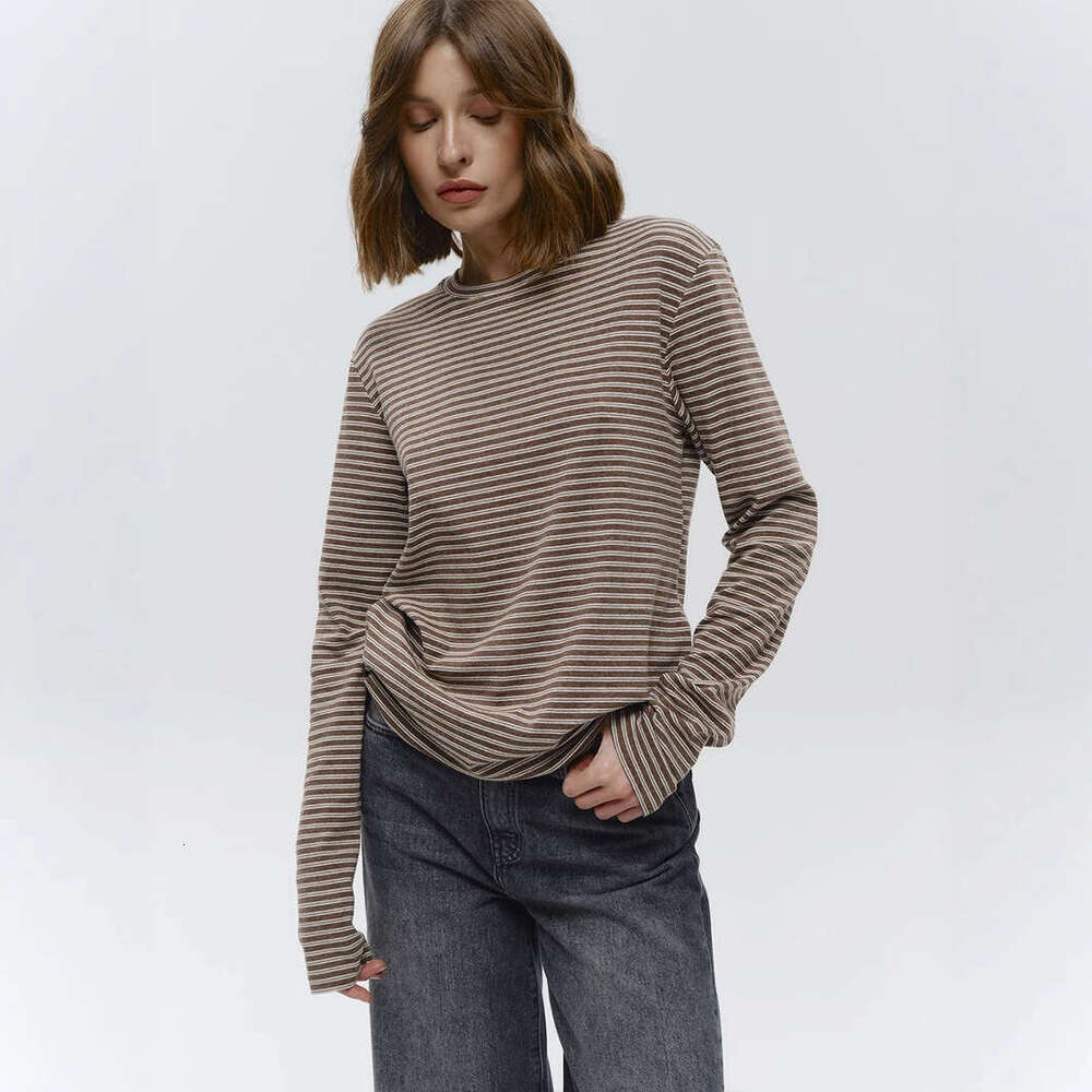 Striped T-Shirt Autumn Winter Commuter Slim Fit Round Neck Cotton Base Shirt Long Sleeve Tee For Women B5