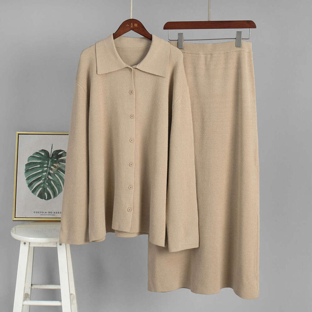 Knitted And Skirt Autumn Winter Polo Collar Cardigan Two-Piece Sweater Set For Women B5