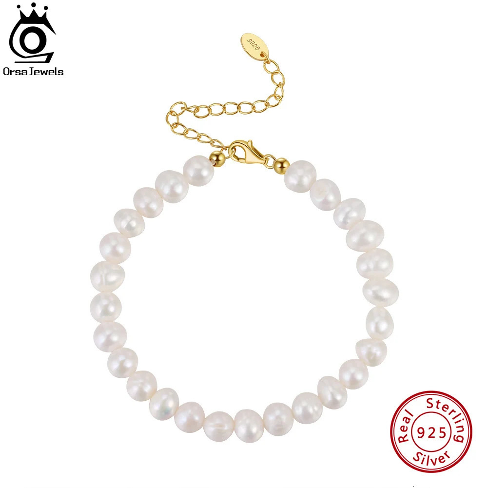 ORSA JEWELS 925 Sterling Silver Bracelet with 14k Gold Rice Natural Freshwater Pearl Chain Bracelet for Women Jewelry GPB10 250712