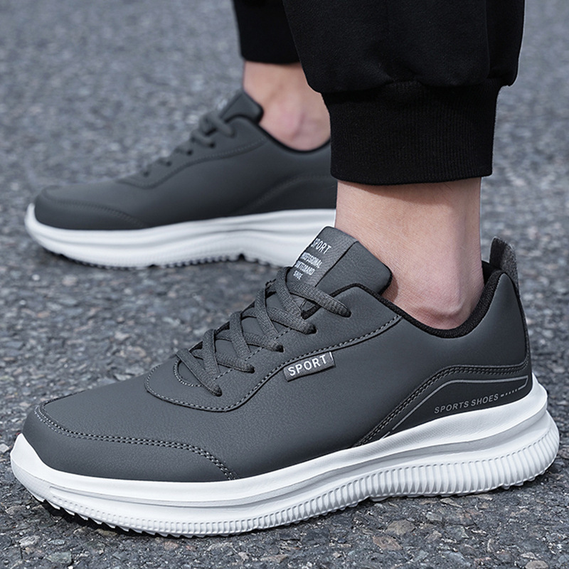 Men's Outdoor Leather Running Shoes - Black Casual Sporty Trainers 4 75be5