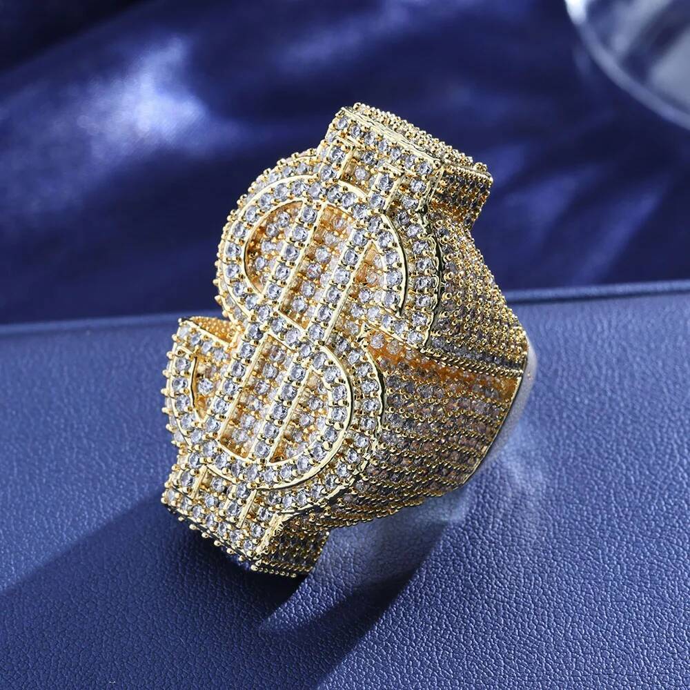 Hot Selling Hip Hop Jewelry Brass 5A Cz Iced Out Dollar Big Rings Mens Good Quality Money Ring Party Gift